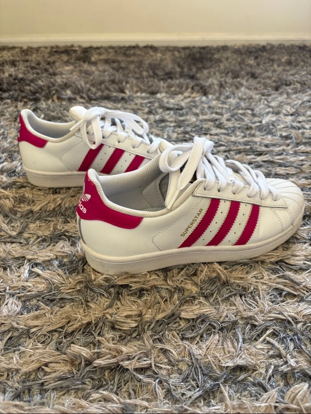 Adidas Superstar White Sneakers with Pink Stripes Fit Women’s 6